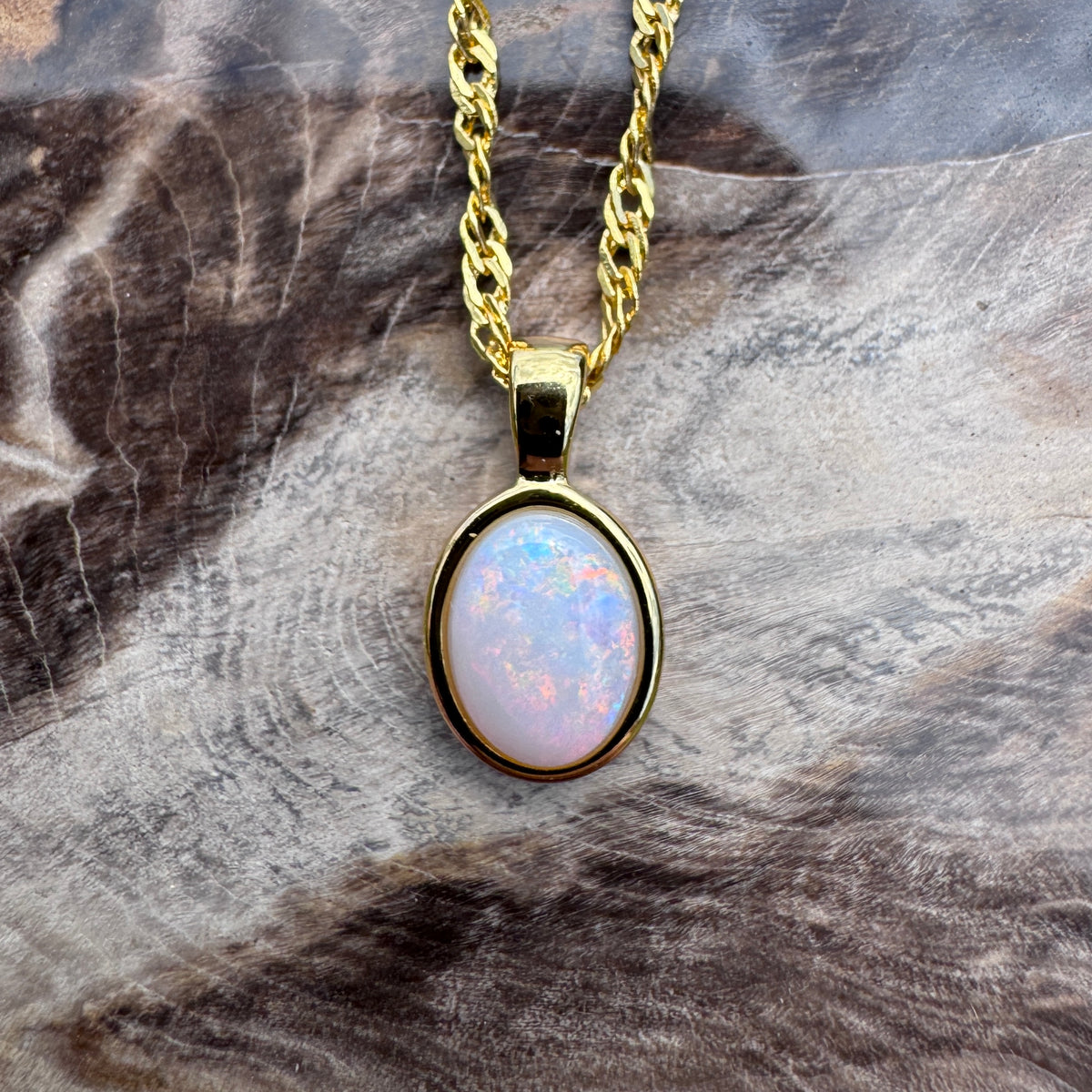 0.9ct Coober Pedy Opal Pendant Necklace ~ 'Leonora Gold' | Yellow Gold Coated 925 Sterling Silver | Solid Australian Opal