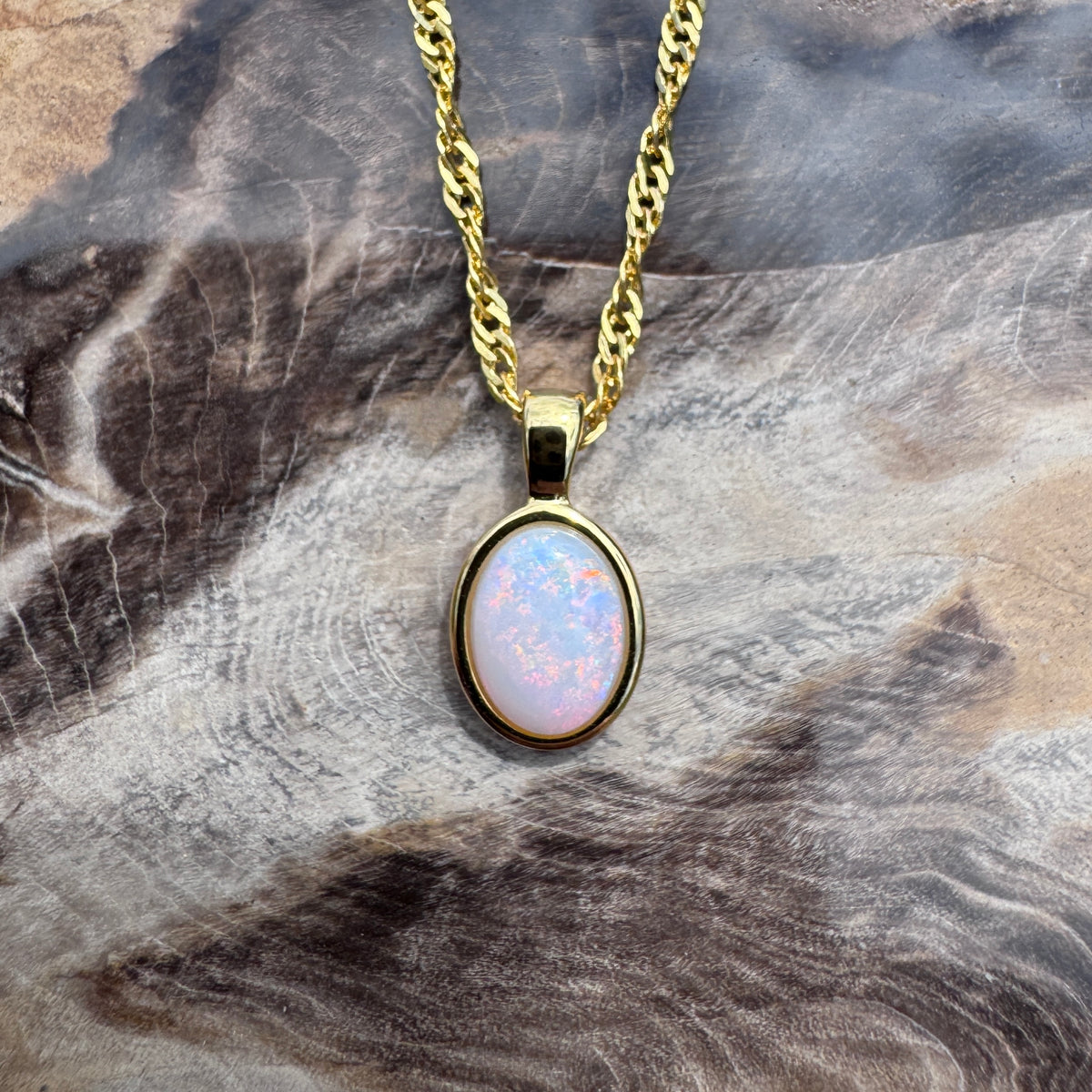 0.9ct Coober Pedy Opal Pendant Necklace ~ 'Leonora Gold' | Yellow Gold Coated 925 Sterling Silver | Solid Australian Opal