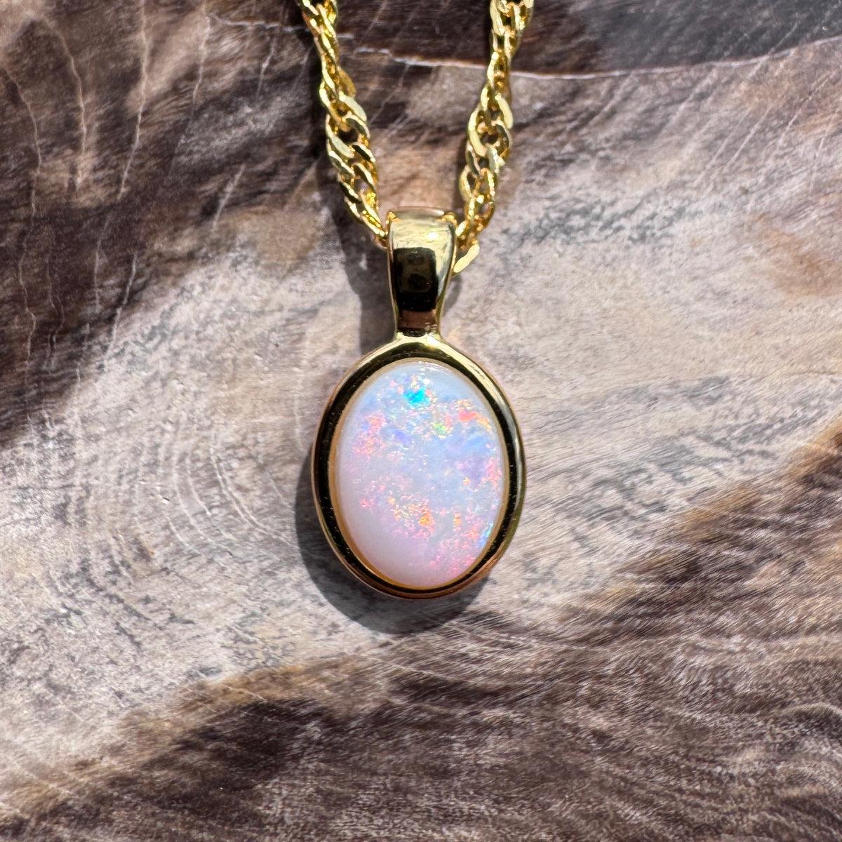 0.9ct Coober Pedy Opal Pendant Necklace ~ 'Leonora Gold' | Yellow Gold Coated 925 Sterling Silver | Solid Australian Opal