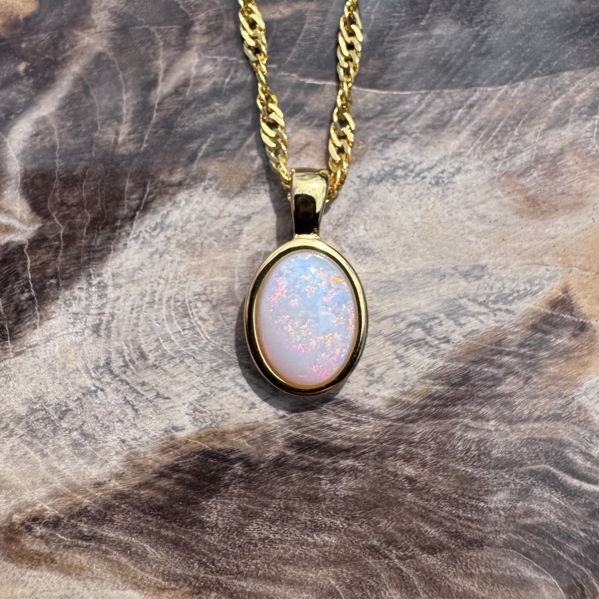 0.9ct Coober Pedy Opal Pendant Necklace ~ 'Leonora Gold' | Yellow Gold Coated 925 Sterling Silver | Solid Australian Opal