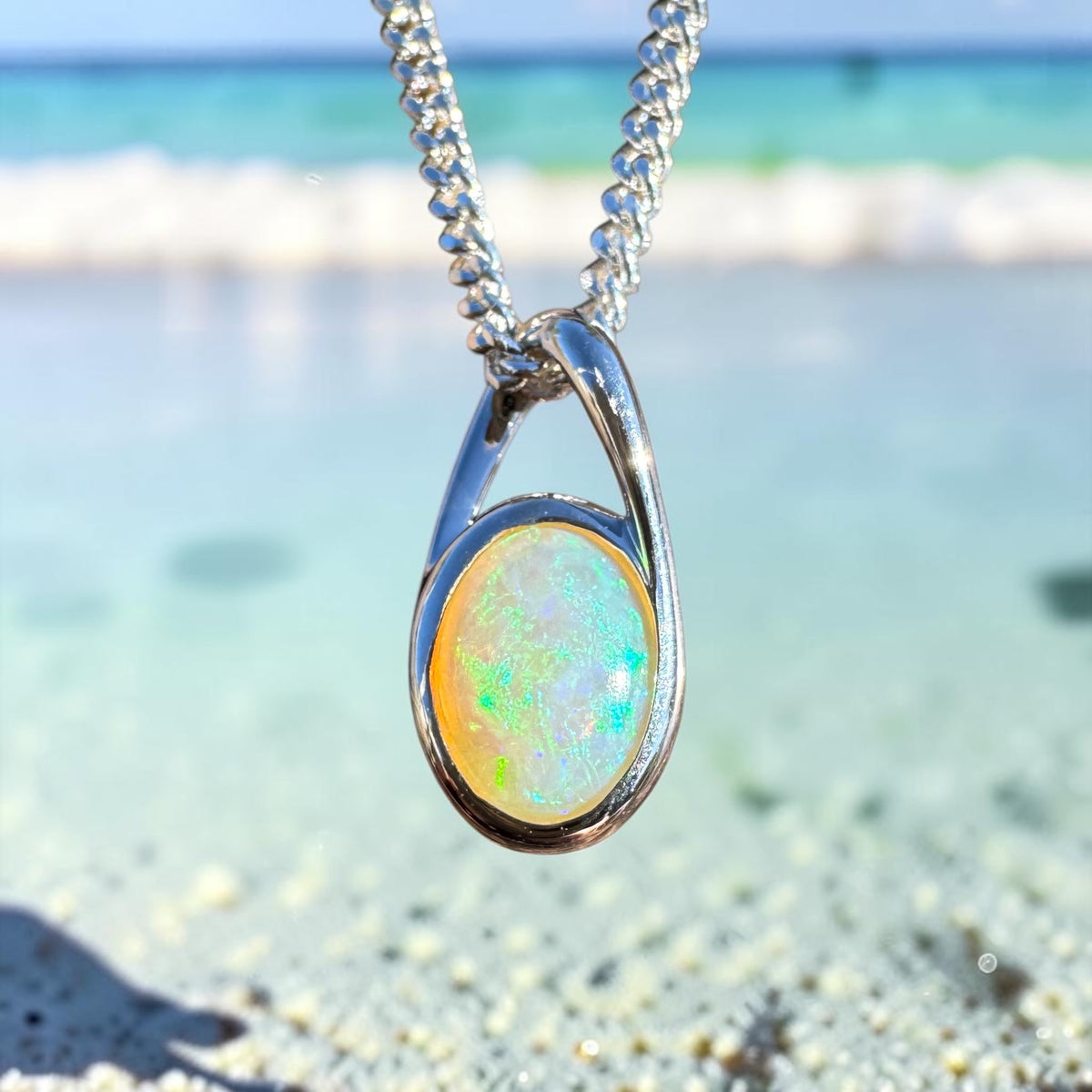 0.9ct Coober Pedy Crystal Opal Pendant Necklace ~ 'Geographe Bay Blues' | 925 Sterling Silver | Solid Australian Opal
