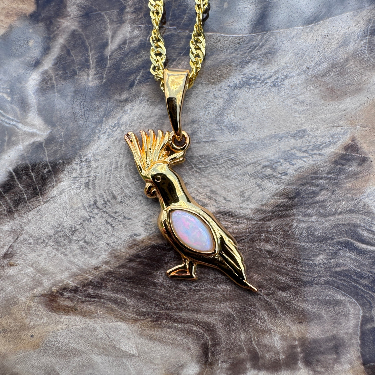 0.3ct Coober Pedy Opal Cockatoo Pendant Necklace ~ 'Dorrigo Cockatoo' | Yellow Gold Coated 925 Sterling Silver | Solid Australian Opal