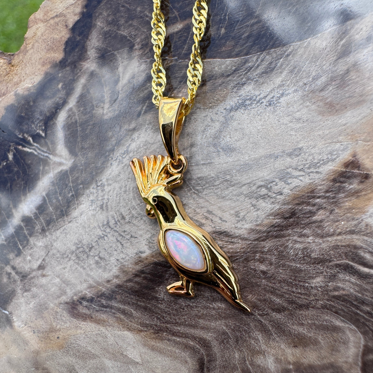 0.3ct Coober Pedy Opal Cockatoo Pendant Necklace ~ 'Dorrigo Cockatoo' | Yellow Gold Coated 925 Sterling Silver | Solid Australian Opal
