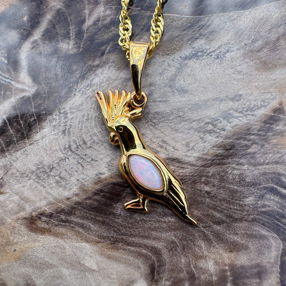 0.3ct Coober Pedy Opal Cockatoo Pendant Necklace ~ 'Dorrigo Cockatoo' | Yellow Gold Coated 925 Sterling Silver | Solid Australian Opal