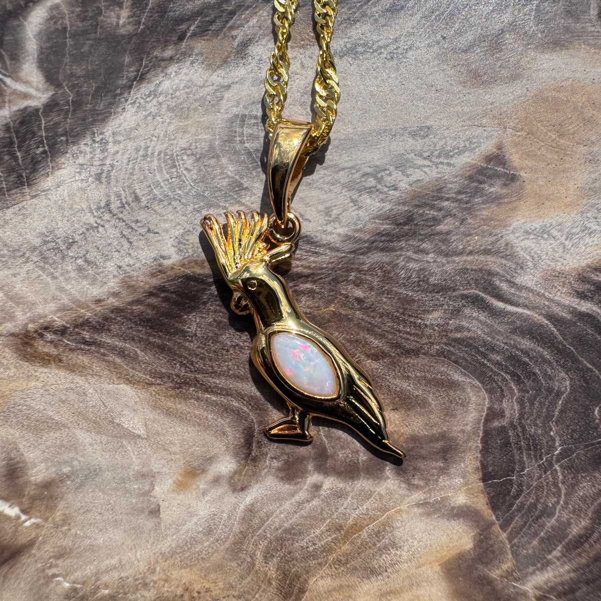 0.3ct Coober Pedy Opal Cockatoo Pendant Necklace ~ 'Dorrigo Cockatoo' | Yellow Gold Coated 925 Sterling Silver | Solid Australian Opal
