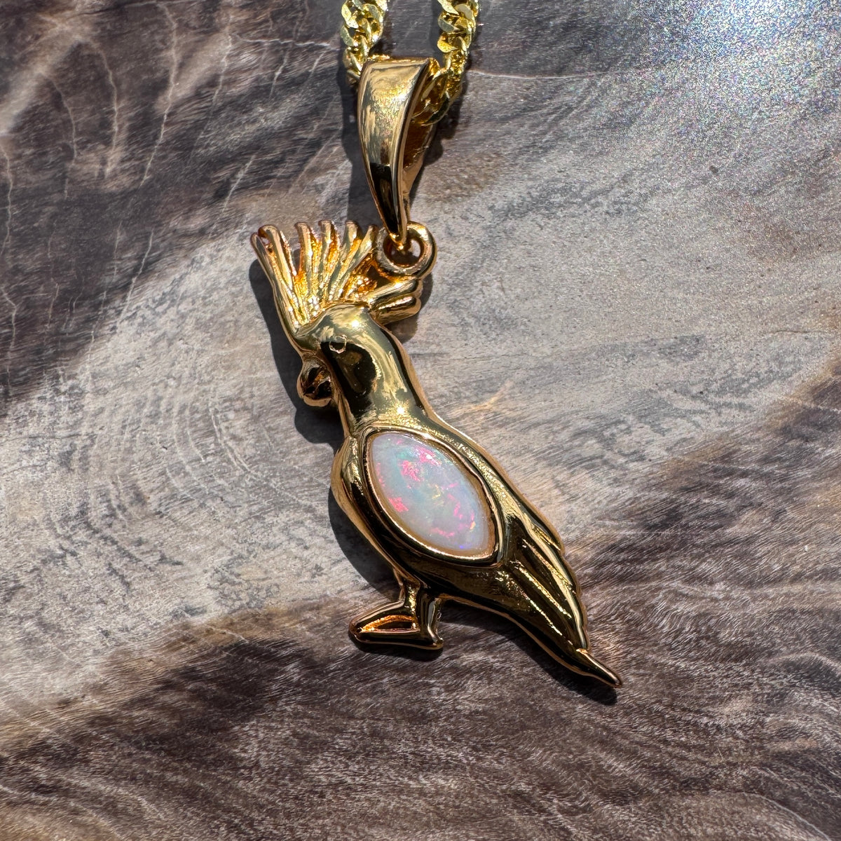 0.3ct Coober Pedy Opal Cockatoo Pendant Necklace ~ 'Dorrigo Cockatoo' | Yellow Gold Coated 925 Sterling Silver | Solid Australian Opal