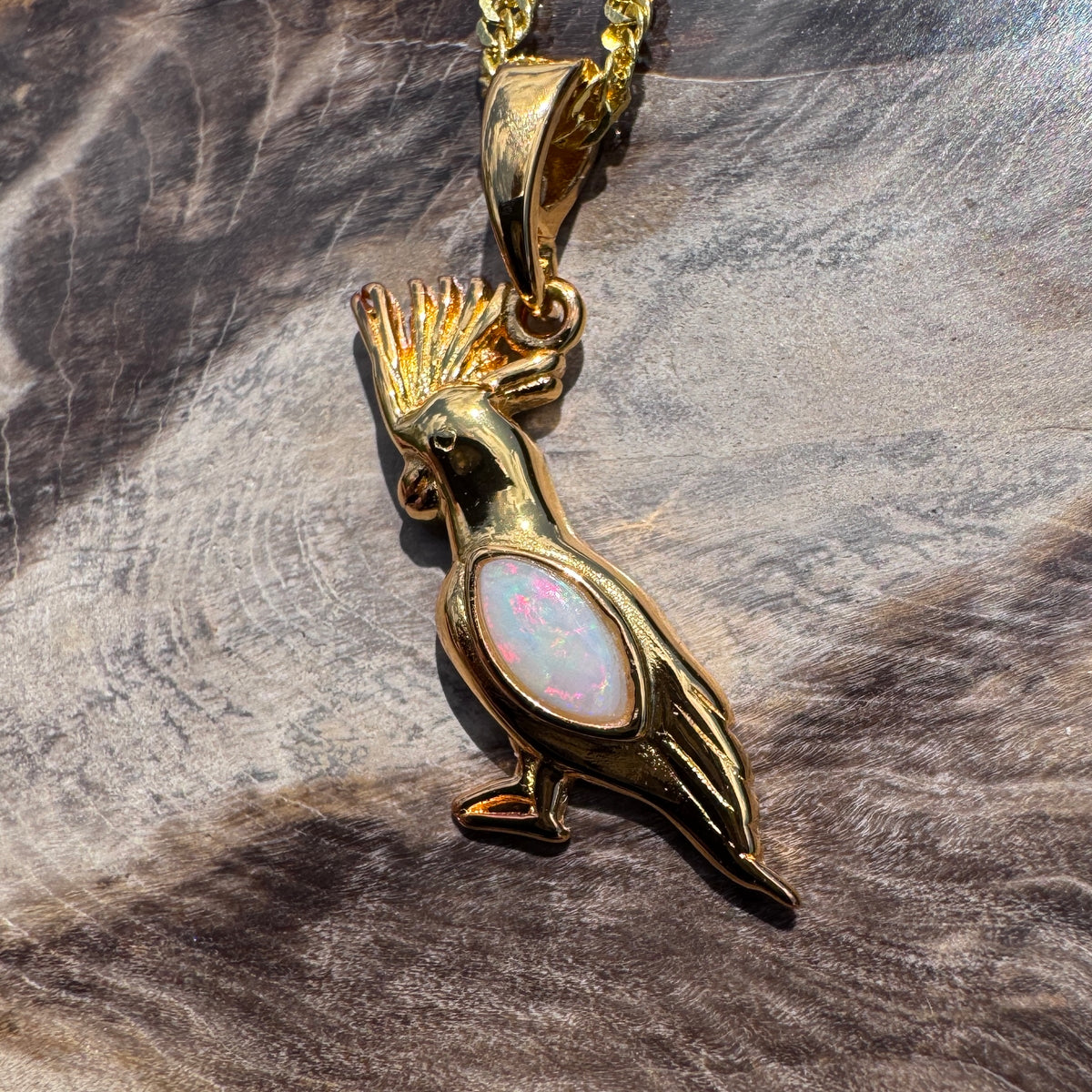 0.3ct Coober Pedy Opal Cockatoo Pendant Necklace ~ 'Dorrigo Cockatoo' | Yellow Gold Coated 925 Sterling Silver | Solid Australian Opal