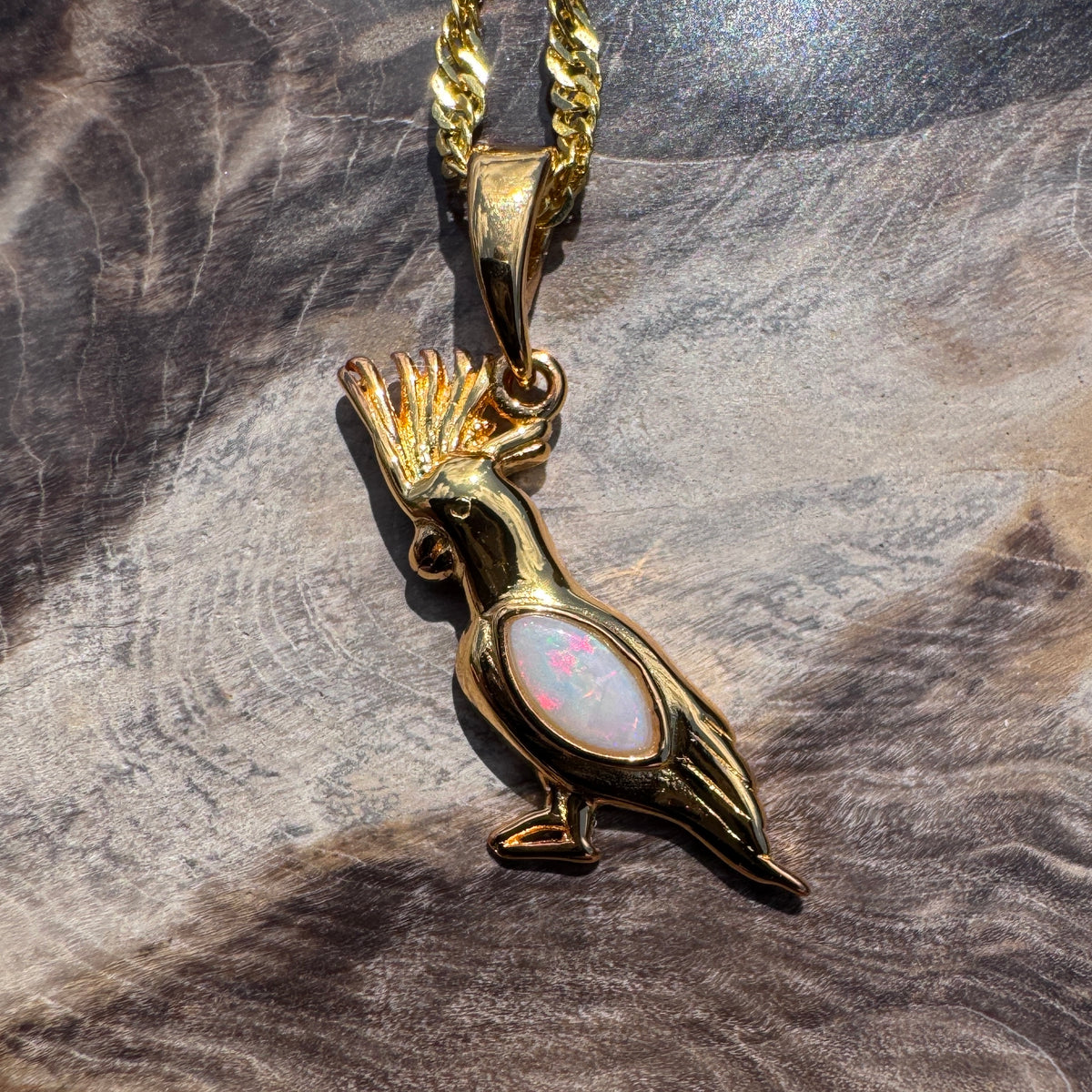 0.3ct Coober Pedy Opal Cockatoo Pendant Necklace ~ 'Dorrigo Cockatoo' | Yellow Gold Coated 925 Sterling Silver | Solid Australian Opal