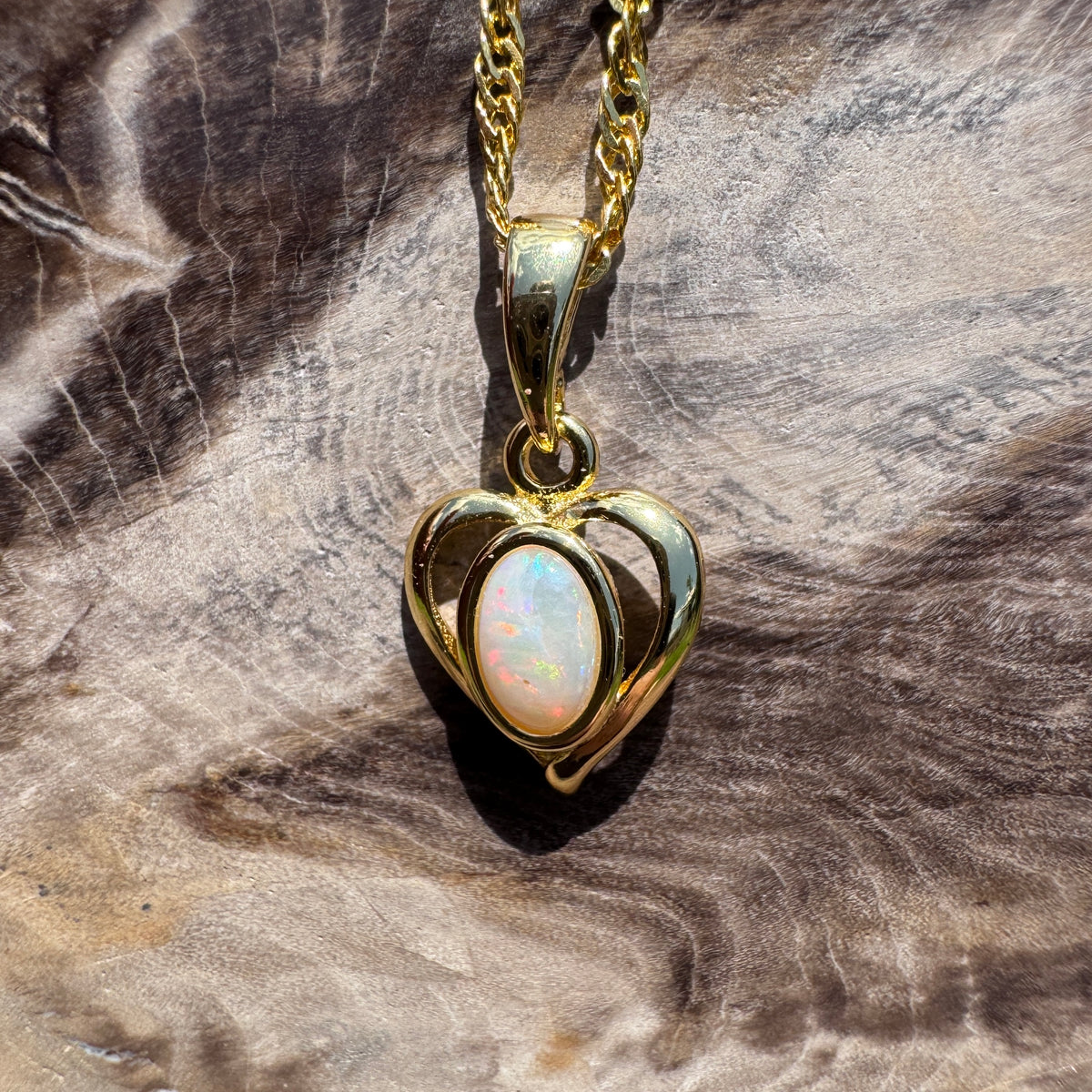 0.6ct Lightning Ridge Opal Heart Pendant Necklace ~ 'Barossa Heart' | Yellow Gold Coated 925 Sterling Silver | Solid Australian Opal