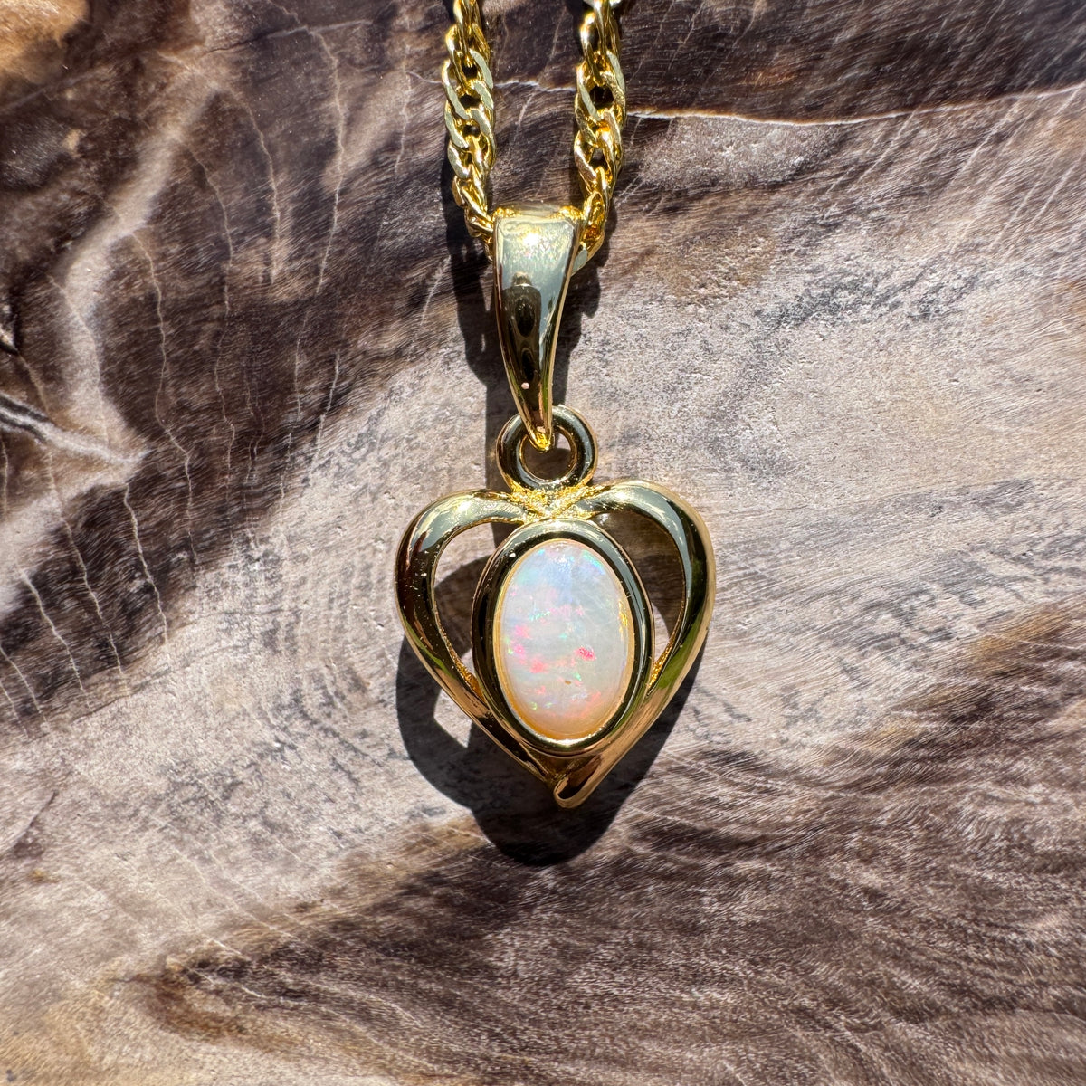 0.6ct Lightning Ridge Opal Heart Pendant Necklace ~ 'Barossa Heart' | Yellow Gold Coated 925 Sterling Silver | Solid Australian Opal