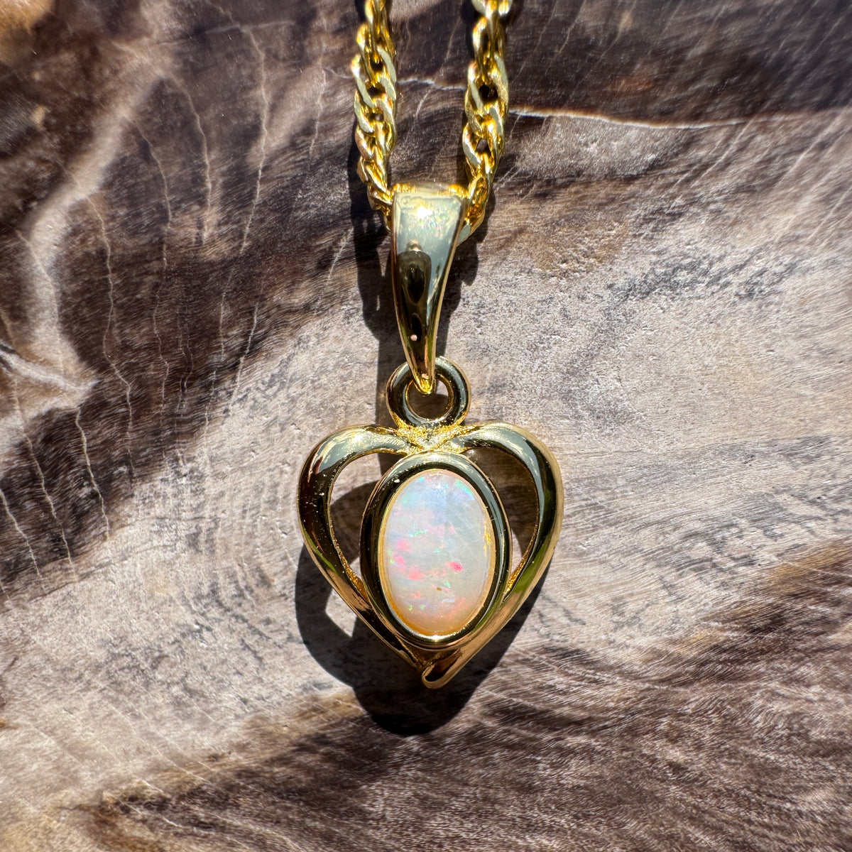 0.6ct Lightning Ridge Opal Heart Pendant Necklace ~ 'Barossa Heart' | Yellow Gold Coated 925 Sterling Silver | Solid Australian Opal