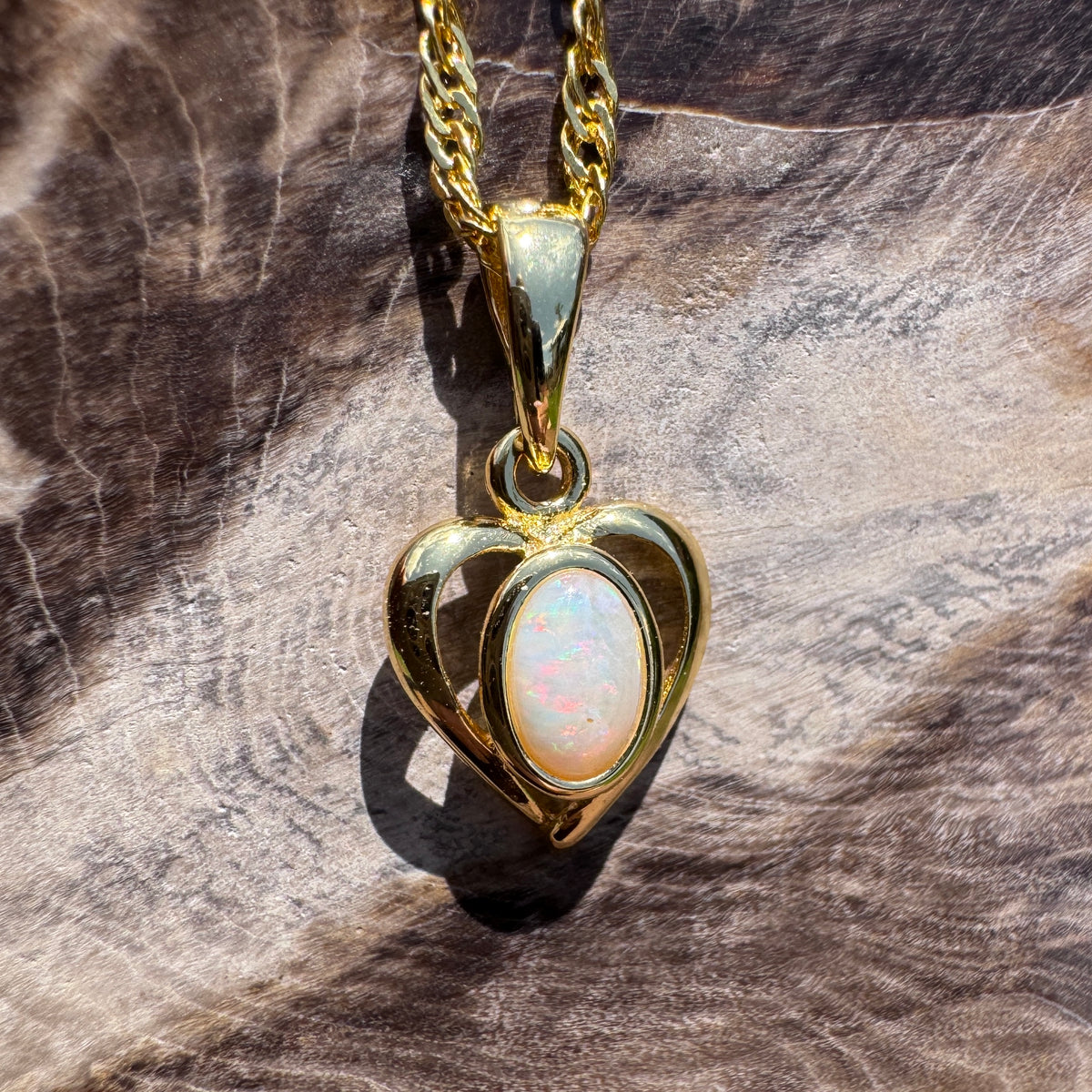 0.6ct Lightning Ridge Opal Heart Pendant Necklace ~ 'Barossa Heart' | Yellow Gold Coated 925 Sterling Silver | Solid Australian Opal