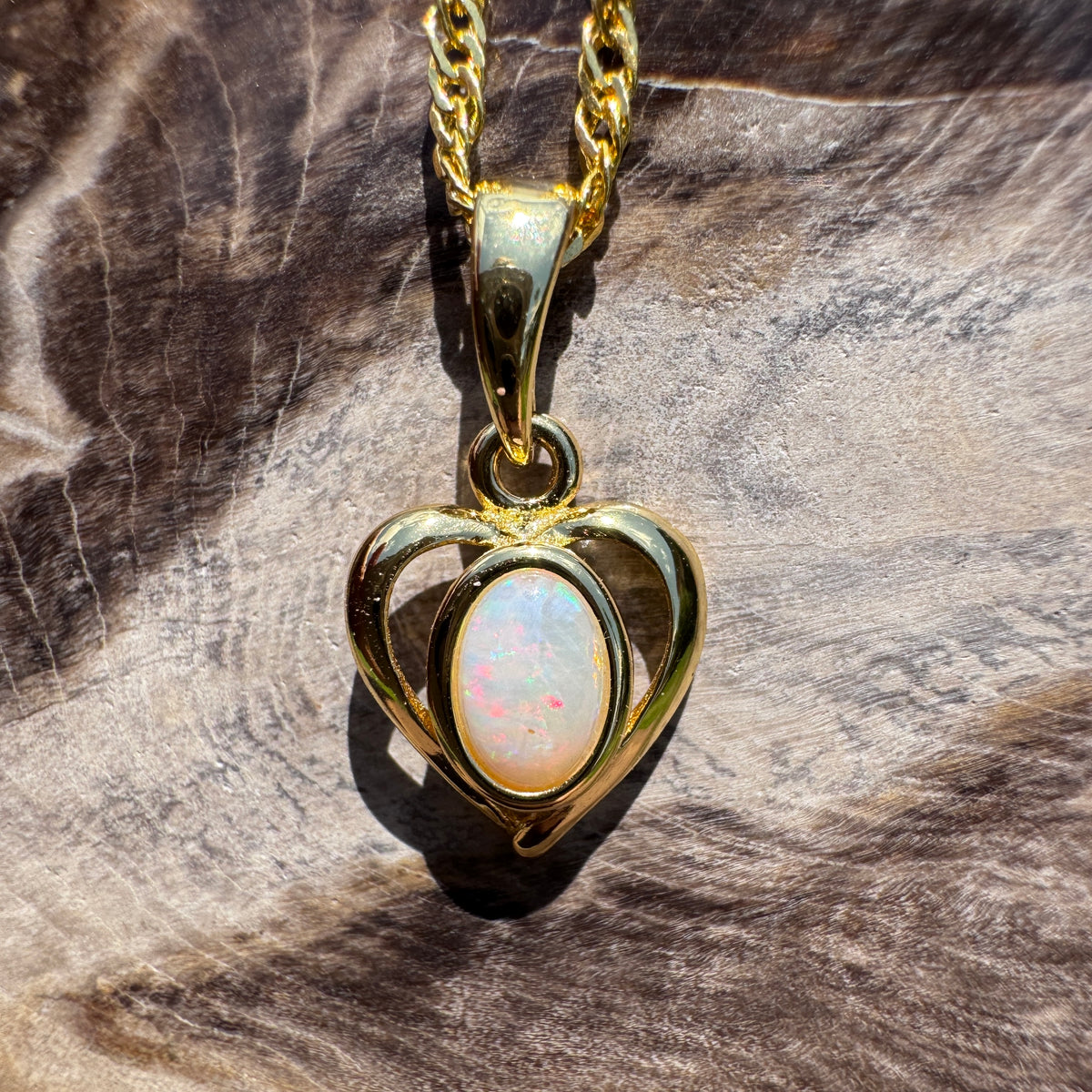 0.6ct Lightning Ridge Opal Heart Pendant Necklace ~ 'Barossa Heart' | Yellow Gold Coated 925 Sterling Silver | Solid Australian Opal