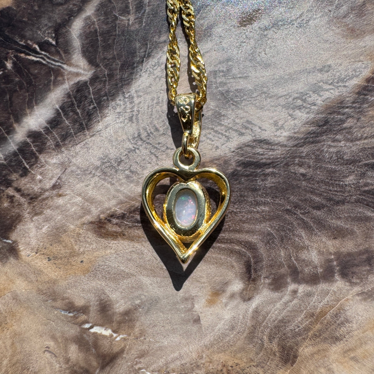 0.6ct Lightning Ridge Opal Heart Pendant Necklace ~ 'Barossa Heart' | Yellow Gold Coated 925 Sterling Silver | Solid Australian Opal