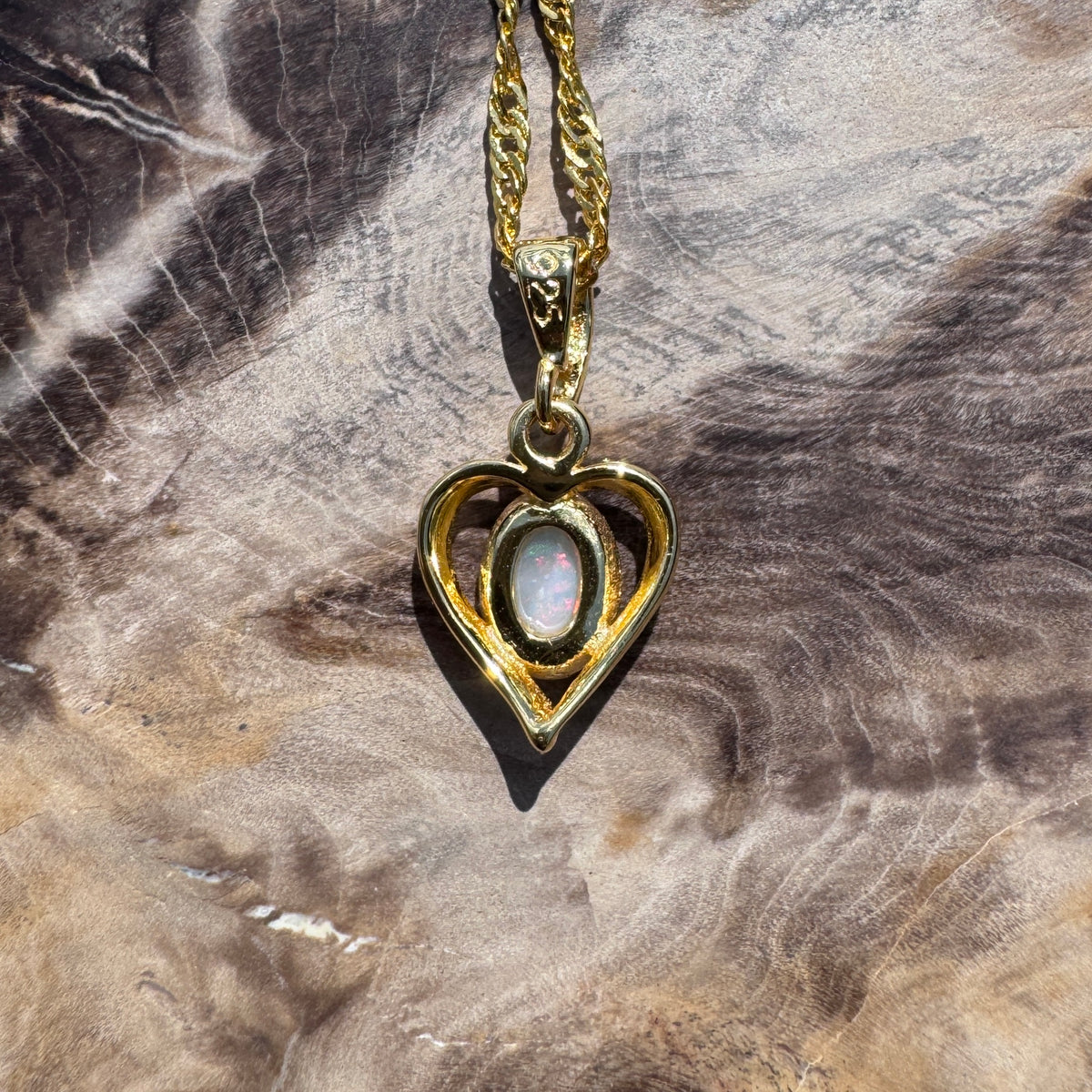 0.6ct Lightning Ridge Opal Heart Pendant Necklace ~ 'Barossa Heart' | Yellow Gold Coated 925 Sterling Silver | Solid Australian Opal