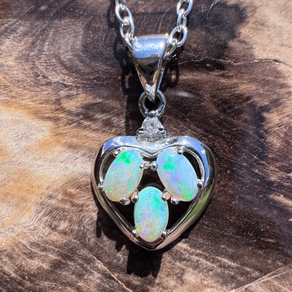 0.5ct Coober Pedy Opal & Diamond Heart Pendant Necklace ~ 'Lake Hillier Heart' | 14ct White Gold | Solid Australian Opal