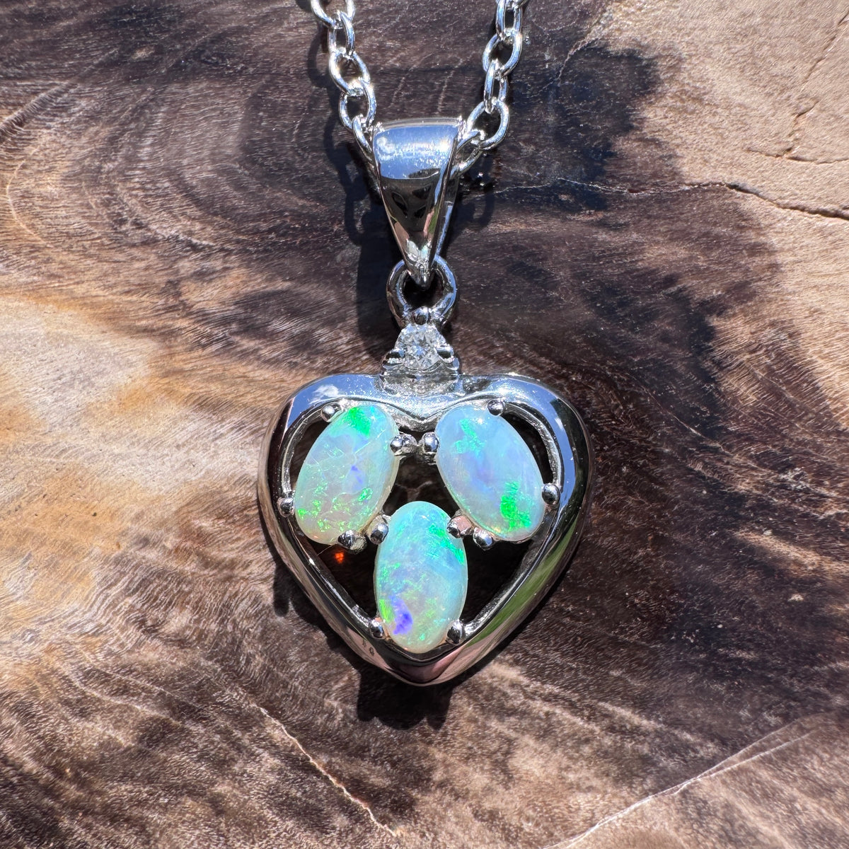 0.5ct Coober Pedy Opal & Diamond Heart Pendant Necklace ~ 'Lake Hillier Heart' | 14ct White Gold | Solid Australian Opal