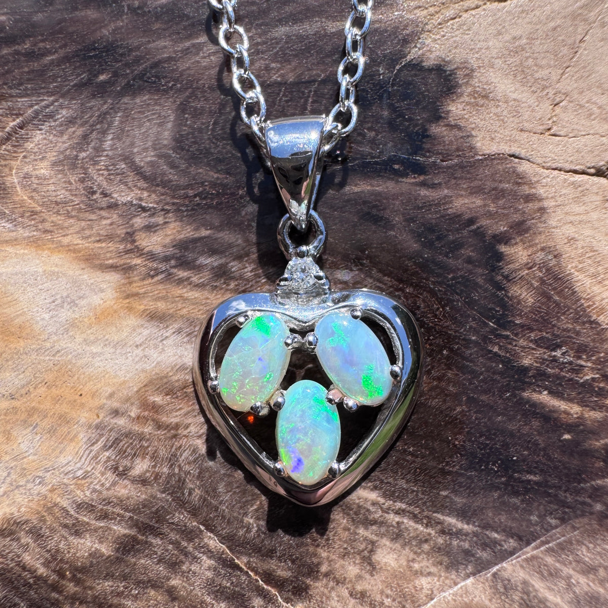 0.5ct Coober Pedy Opal & Diamond Heart Pendant Necklace ~ 'Lake Hillier Heart' | 14ct White Gold | Solid Australian Opal