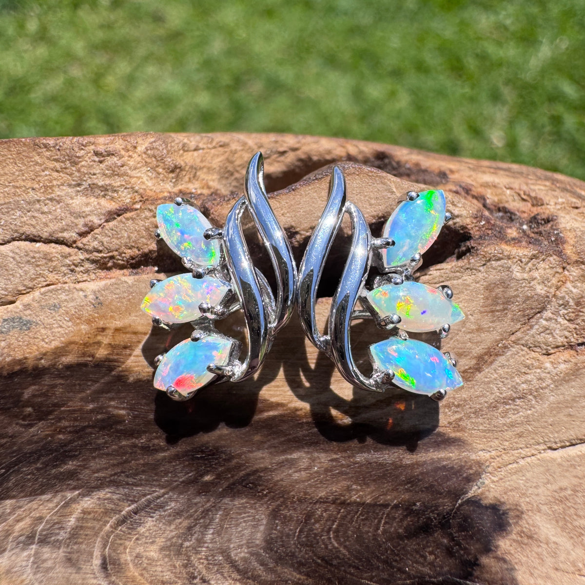 1.2ct Lightning Ridge Opal Leaf Stud Earrings ~ 'Daintree Leaf' | 14ct White Gold | Solid Australian Opal