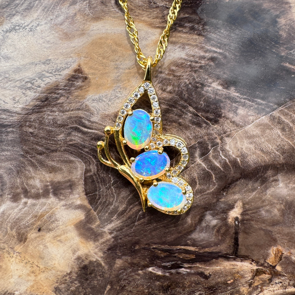 1.5ct Lightning Ridge Opal & Cubic Zirconia Butterfly Pendant Necklace ~ 'Paluma Wings' | Yellow Gold Coated 925 Sterling Silver | Solid Australian Opal