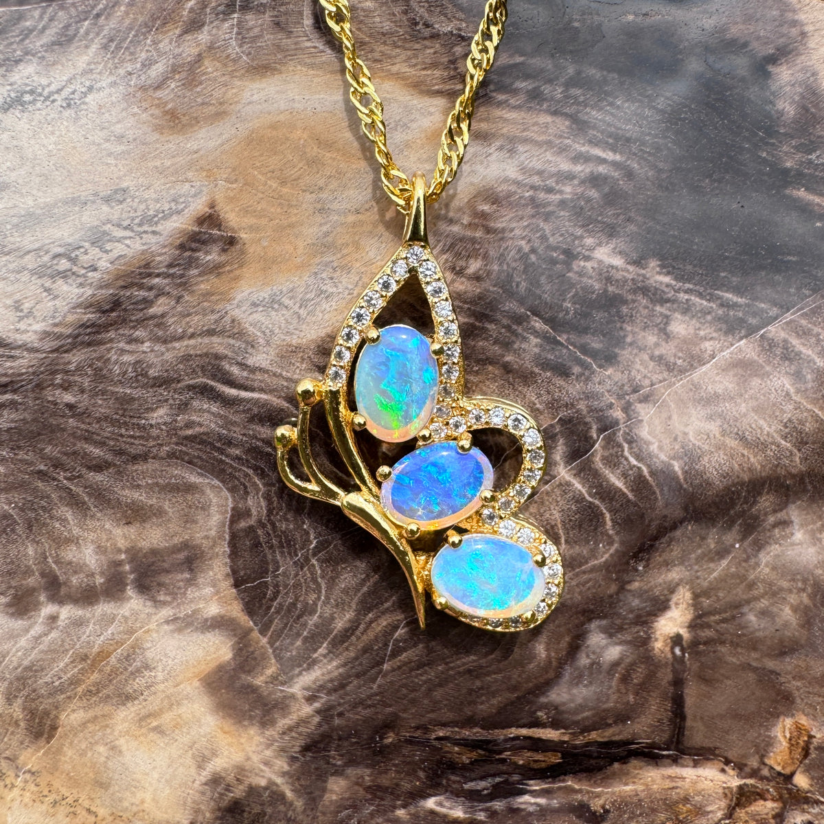 1.5ct Lightning Ridge Opal & Cubic Zirconia Butterfly Pendant Necklace ~ 'Paluma Wings' | Yellow Gold Coated 925 Sterling Silver | Solid Australian Opal