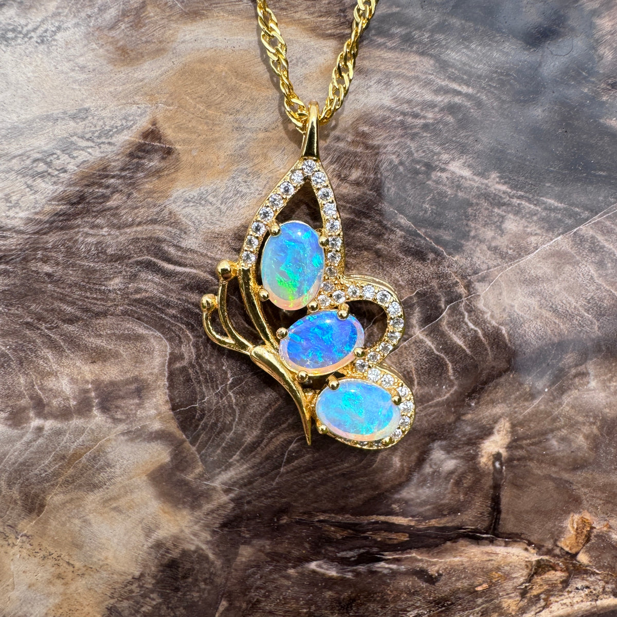 1.5ct Lightning Ridge Opal & Cubic Zirconia Butterfly Pendant Necklace ~ 'Paluma Wings' | Yellow Gold Coated 925 Sterling Silver | Solid Australian Opal