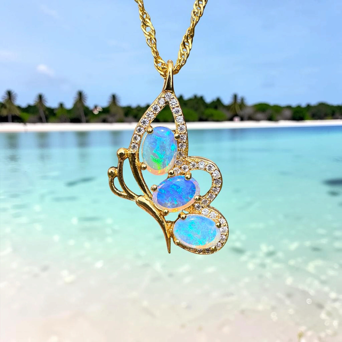 1.5ct Lightning Ridge Opal & Cubic Zirconia Butterfly Pendant Necklace ~ 'Paluma Wings' | Yellow Gold Coated 925 Sterling Silver | Solid Australian Opal