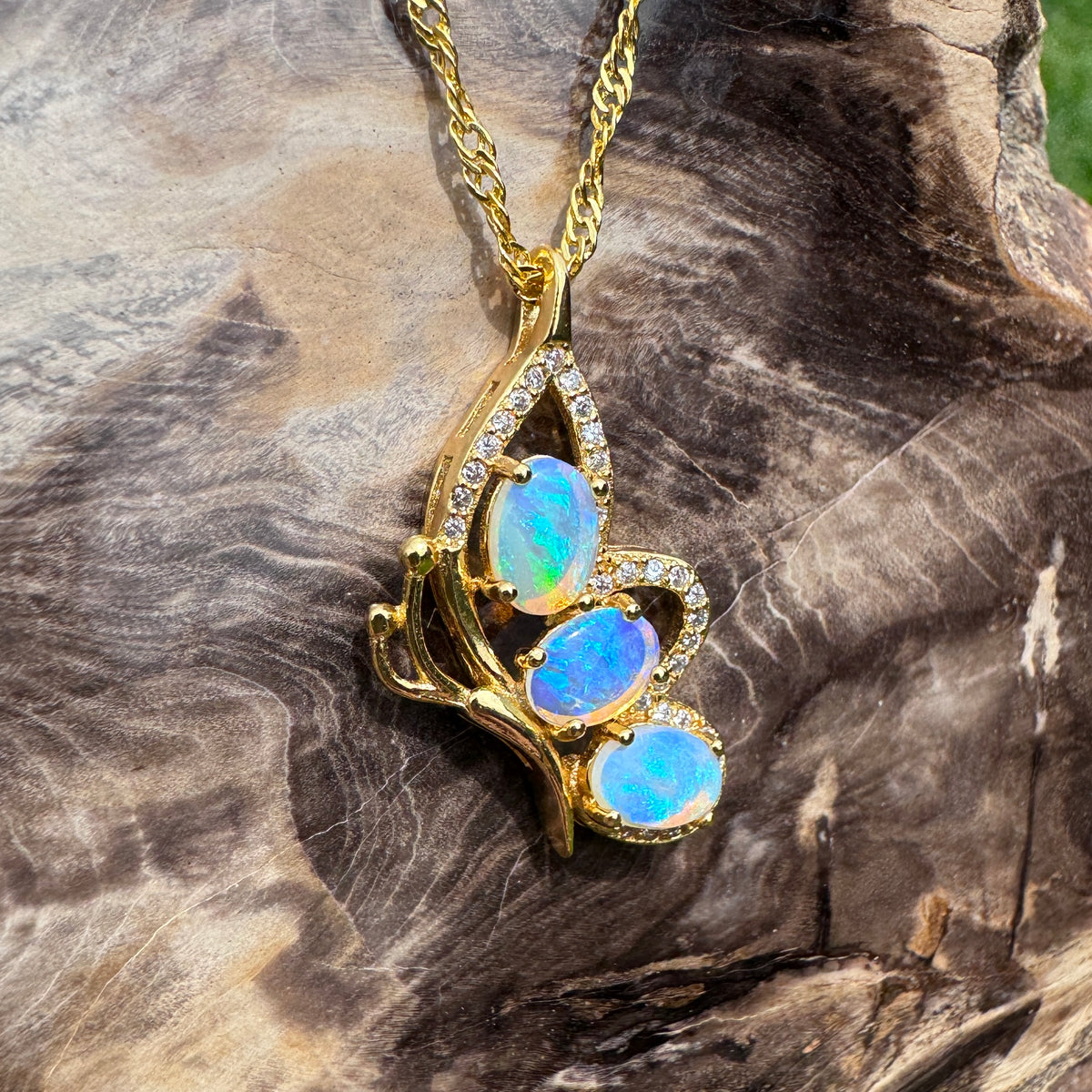 1.5ct Lightning Ridge Opal & Cubic Zirconia Butterfly Pendant Necklace ~ 'Paluma Wings' | Yellow Gold Coated 925 Sterling Silver | Solid Australian Opal