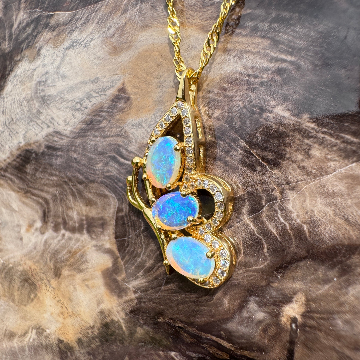 1.5ct Lightning Ridge Opal & Cubic Zirconia Butterfly Pendant Necklace ~ 'Paluma Wings' | Yellow Gold Coated 925 Sterling Silver | Solid Australian Opal