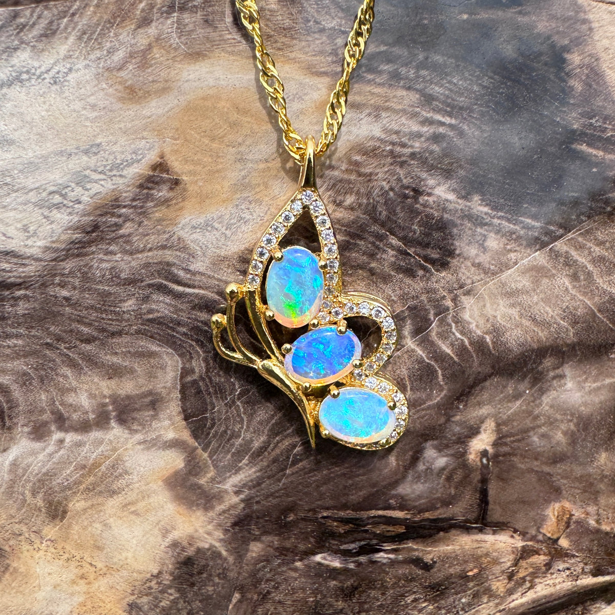 1.5ct Lightning Ridge Opal & Cubic Zirconia Butterfly Pendant Necklace ~ 'Paluma Wings' | Yellow Gold Coated 925 Sterling Silver | Solid Australian Opal