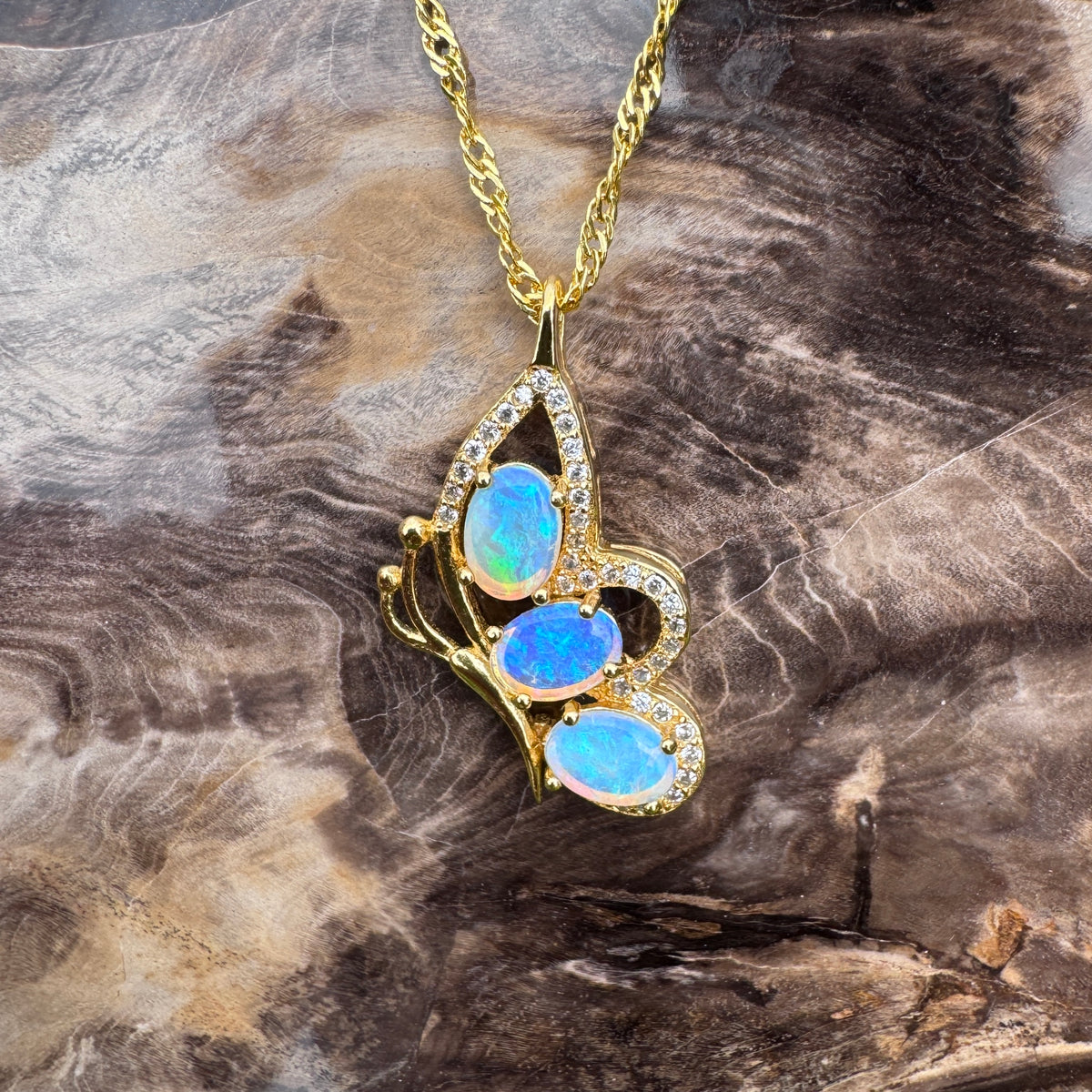 1.5ct Lightning Ridge Opal & Cubic Zirconia Butterfly Pendant Necklace ~ 'Paluma Wings' | Yellow Gold Coated 925 Sterling Silver | Solid Australian Opal