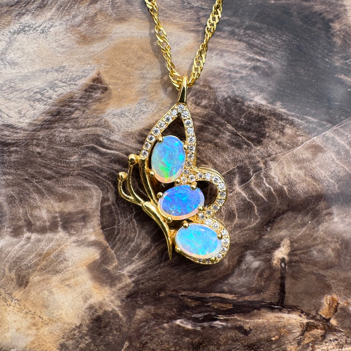 1.5ct Lightning Ridge Opal & Cubic Zirconia Butterfly Pendant Necklace ~ 'Paluma Wings' | Yellow Gold Coated 925 Sterling Silver | Solid Australian Opal