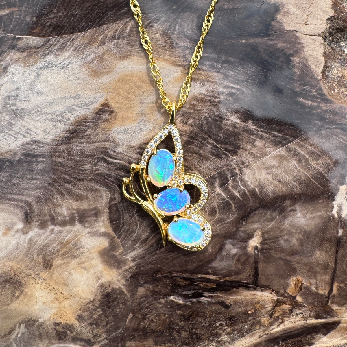 1.5ct Lightning Ridge Opal & Cubic Zirconia Butterfly Pendant Necklace ~ 'Paluma Wings' | Yellow Gold Coated 925 Sterling Silver | Solid Australian Opal