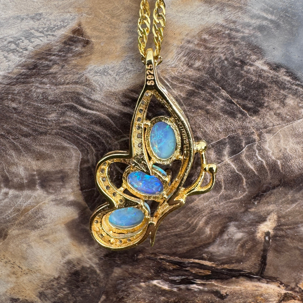 1.5ct Lightning Ridge Opal & Cubic Zirconia Butterfly Pendant Necklace ~ 'Paluma Wings' | Yellow Gold Coated 925 Sterling Silver | Solid Australian Opal