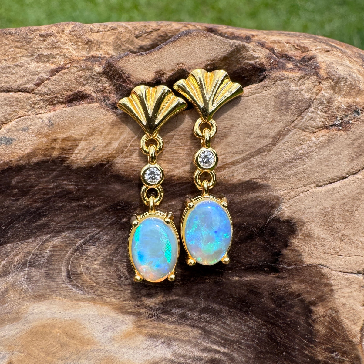 1ct Lightning Ridge Opal & Cubic Zirconia Stud Drop Earrings ~ 'Mission Beach Glow' | Yellow Gold Coated 925 Sterling Silver | Solid Australian Opal
