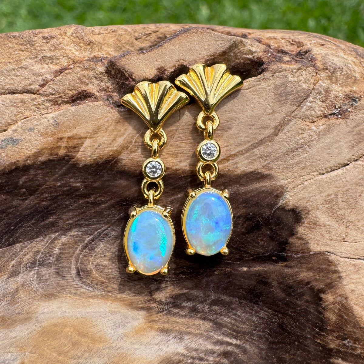 1ct Lightning Ridge Opal & Cubic Zirconia Stud Drop Earrings ~ 'Mission Beach Glow' | Yellow Gold Coated 925 Sterling Silver | Solid Australian Opal
