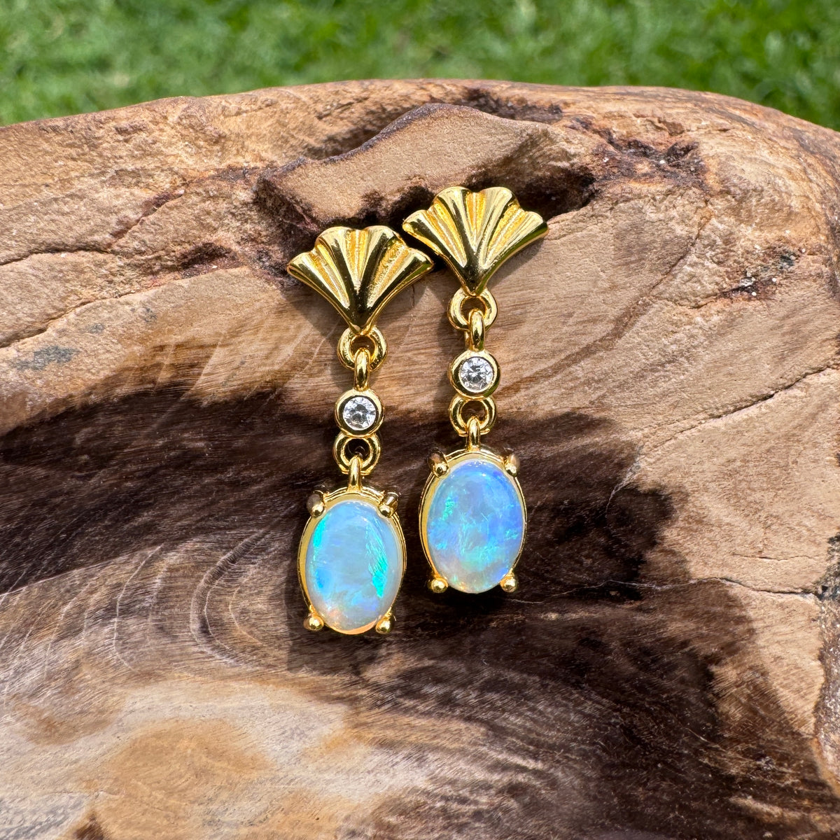 1ct Lightning Ridge Opal & Cubic Zirconia Stud Drop Earrings ~ 'Mission Beach Glow' | Yellow Gold Coated 925 Sterling Silver | Solid Australian Opal