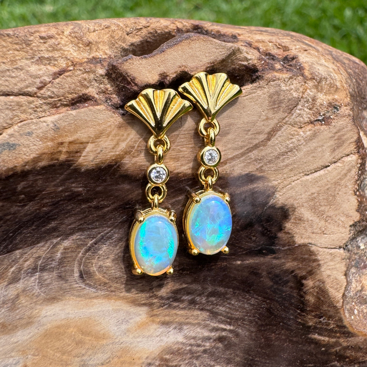 1ct Lightning Ridge Opal & Cubic Zirconia Stud Drop Earrings ~ 'Mission Beach Glow' | Yellow Gold Coated 925 Sterling Silver | Solid Australian Opal