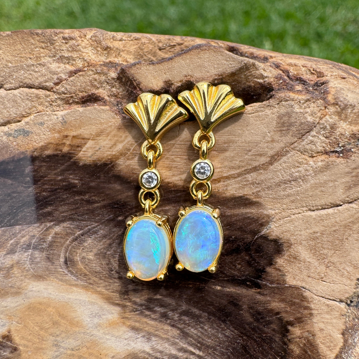 1ct Lightning Ridge Opal & Cubic Zirconia Stud Drop Earrings ~ 'Mission Beach Glow' | Yellow Gold Coated 925 Sterling Silver | Solid Australian Opal
