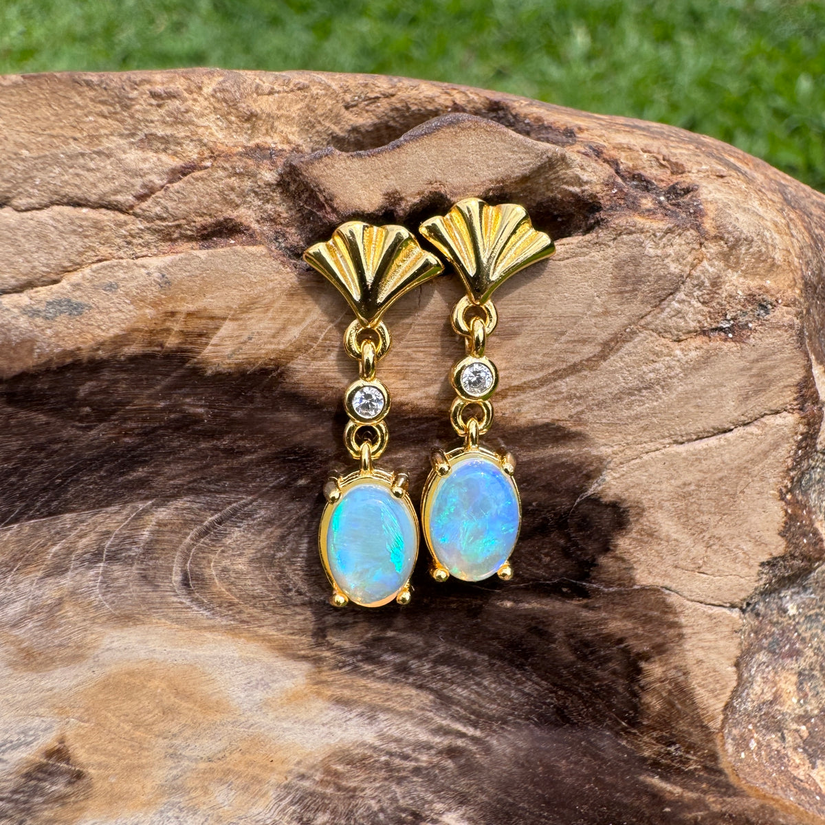 1ct Lightning Ridge Opal & Cubic Zirconia Stud Drop Earrings ~ 'Mission Beach Glow' | Yellow Gold Coated 925 Sterling Silver | Solid Australian Opal