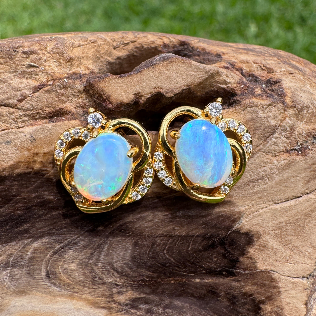 1.3ct Lightning Ridge Opal & Cubic Zirconia Stud Earrings ~ 'Bruny Island Blues' | Yellow Gold Coated 925 Sterling Silver | Solid Australian Opal