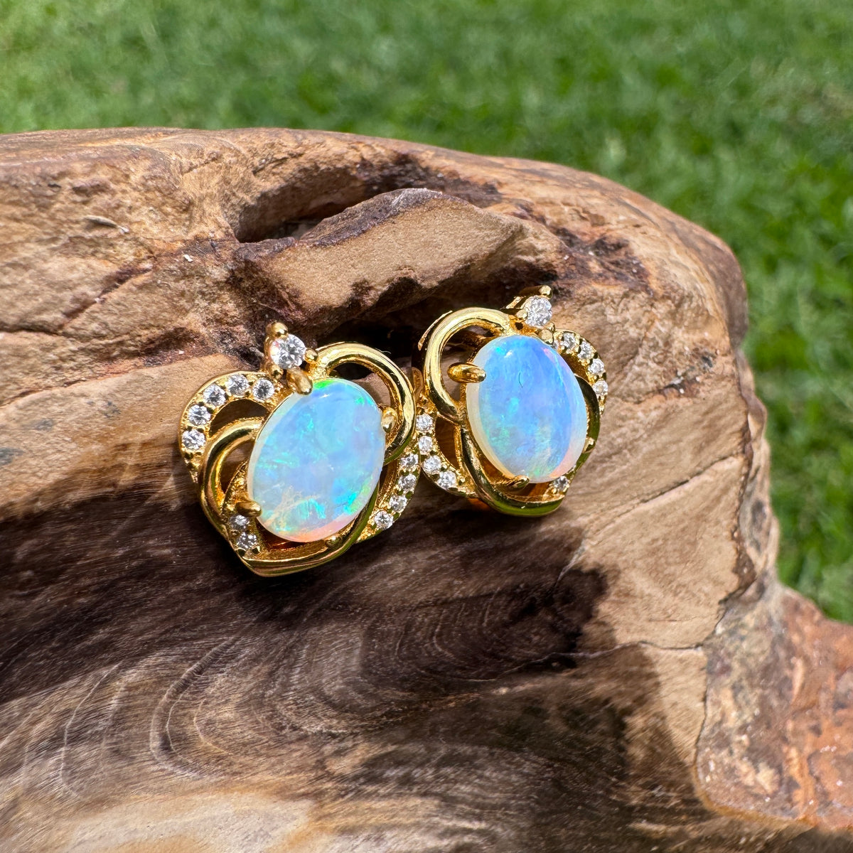 1.3ct Lightning Ridge Opal & Cubic Zirconia Stud Earrings ~ 'Bruny Island Blues' | Yellow Gold Coated 925 Sterling Silver | Solid Australian Opal