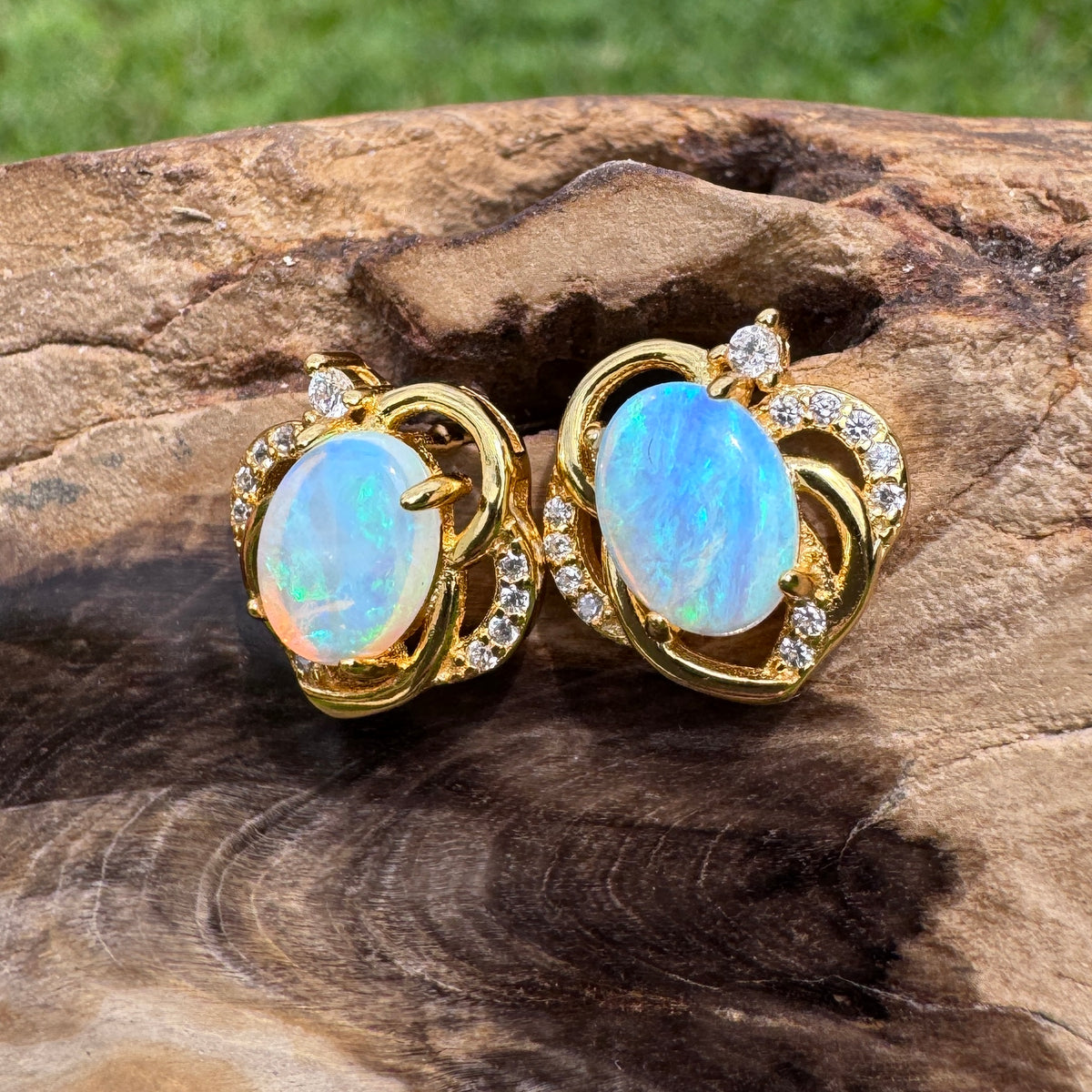 1.3ct Lightning Ridge Opal & Cubic Zirconia Stud Earrings ~ 'Bruny Island Blues' | Yellow Gold Coated 925 Sterling Silver | Solid Australian Opal