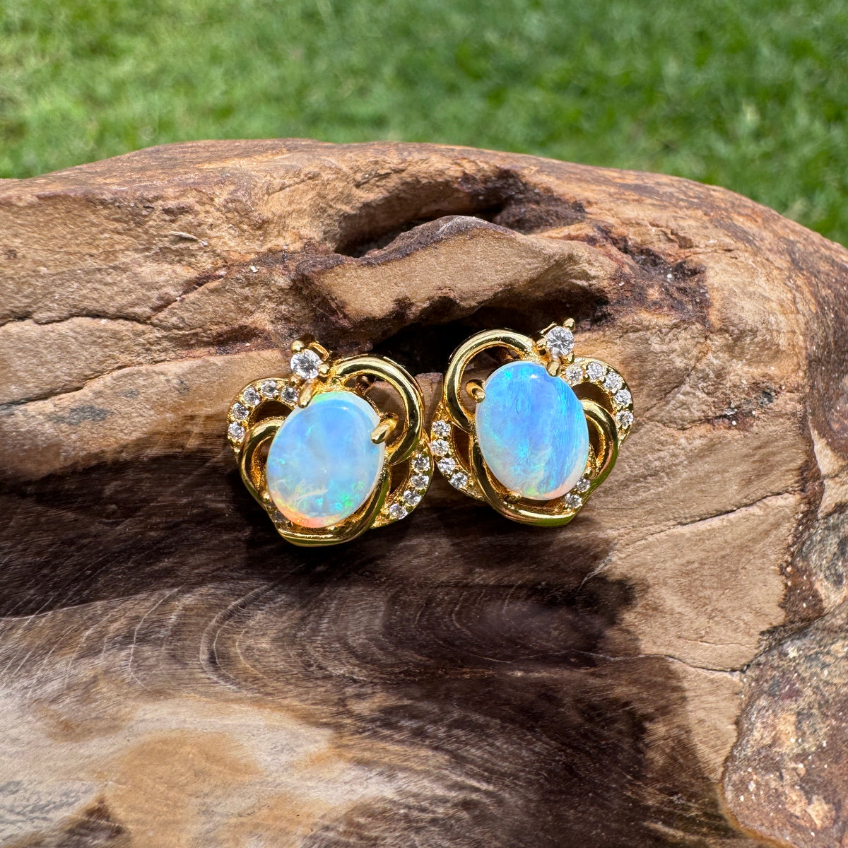 1.3ct Lightning Ridge Opal & Cubic Zirconia Stud Earrings ~ 'Bruny Island Blues' | Yellow Gold Coated 925 Sterling Silver | Solid Australian Opal
