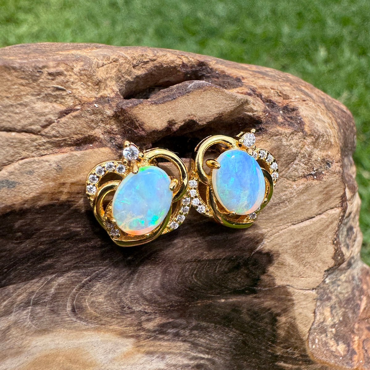 1.3ct Lightning Ridge Opal & Cubic Zirconia Stud Earrings ~ 'Bruny Island Blues' | Yellow Gold Coated 925 Sterling Silver | Solid Australian Opal