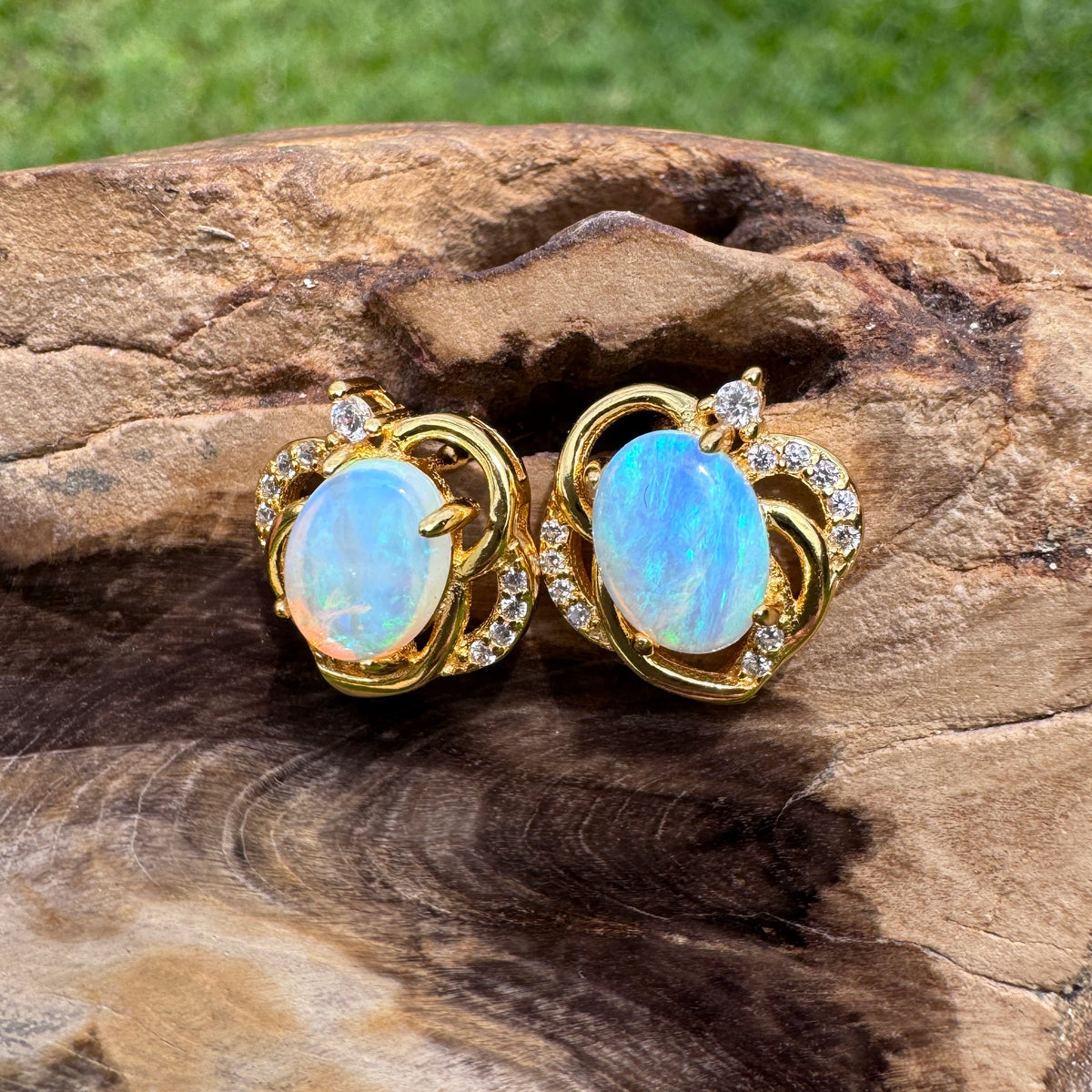 1.3ct Lightning Ridge Opal & Cubic Zirconia Stud Earrings ~ 'Bruny Island Blues' | Yellow Gold Coated 925 Sterling Silver | Solid Australian Opal