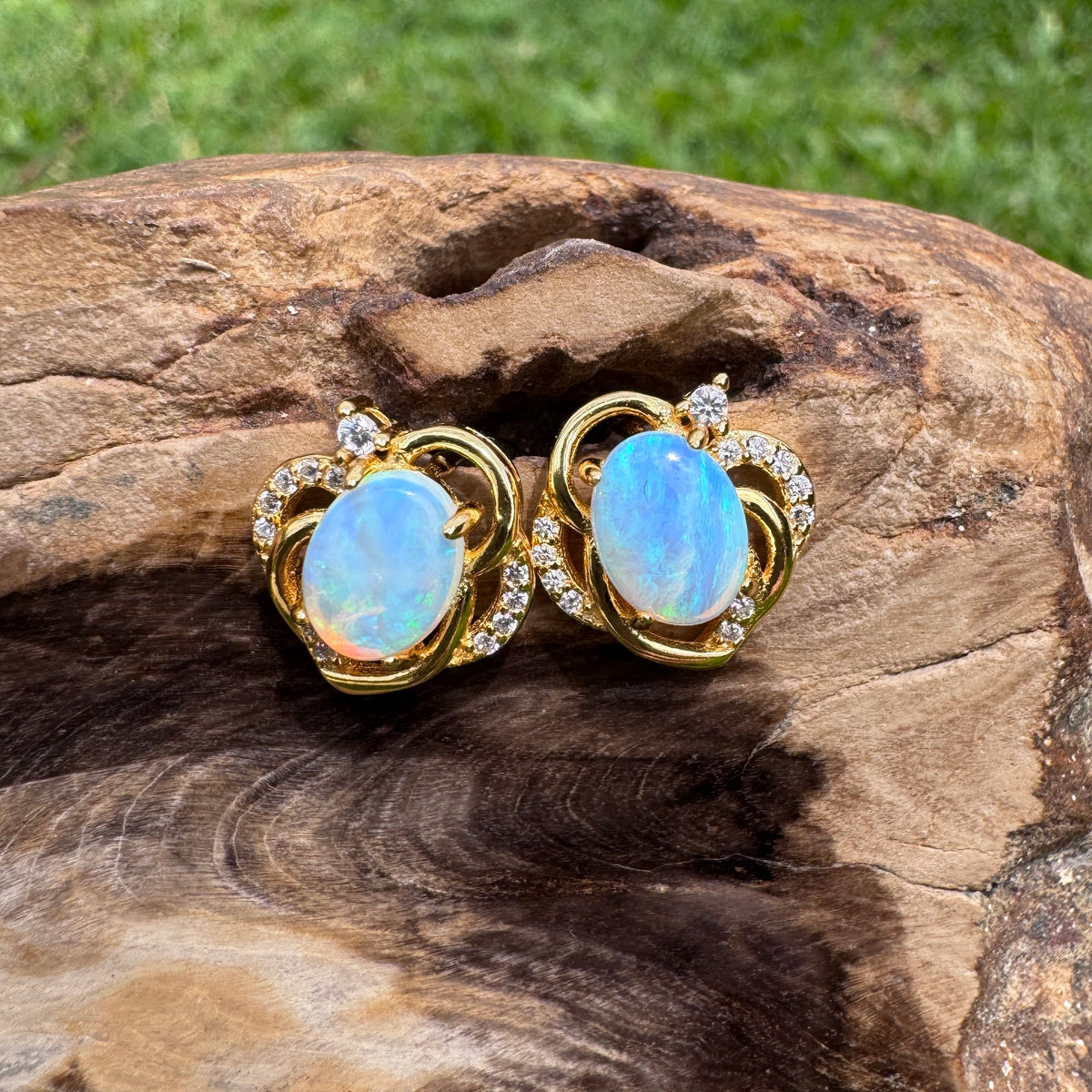1.3ct Lightning Ridge Opal & Cubic Zirconia Stud Earrings ~ 'Bruny Island Blues' | Yellow Gold Coated 925 Sterling Silver | Solid Australian Opal