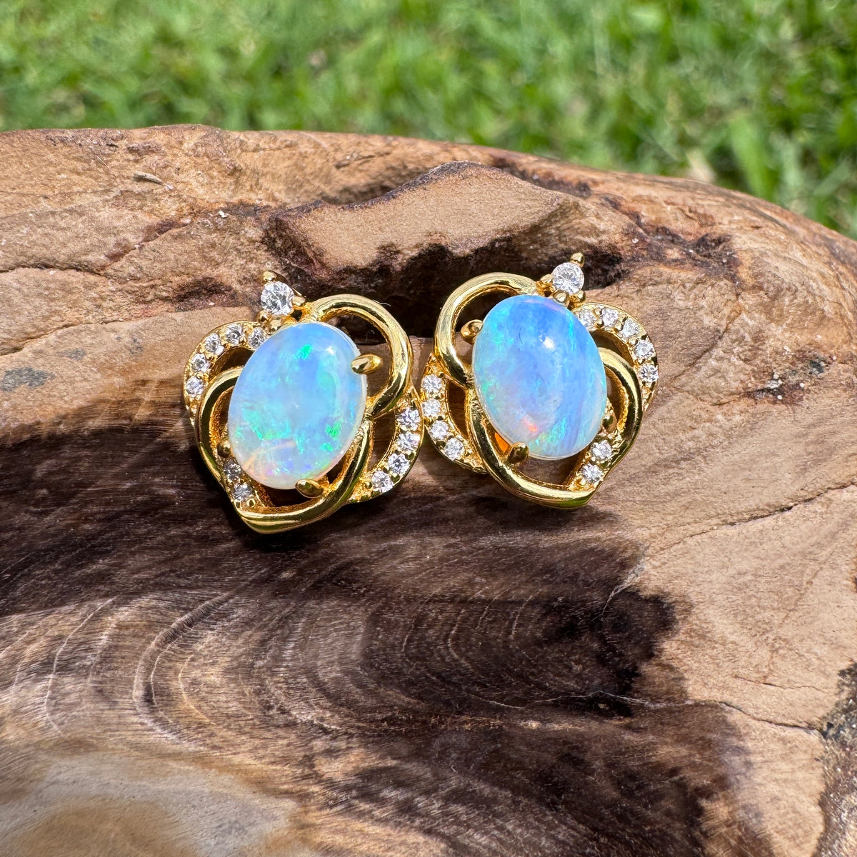 1.3ct Lightning Ridge Opal & Cubic Zirconia Stud Earrings ~ 'Bruny Island Blues' | Yellow Gold Coated 925 Sterling Silver | Solid Australian Opal