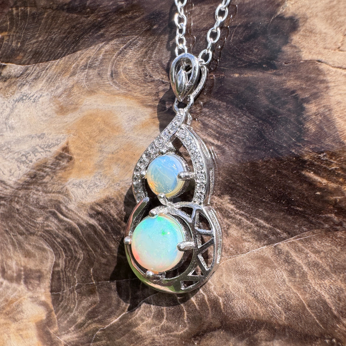 1.2ct Lightning Ridge Opal & Cubic Zirconia Pendant Necklace ~ 'Karijini Shimmer' | 925 Sterling Silver | Solid Australian Opal