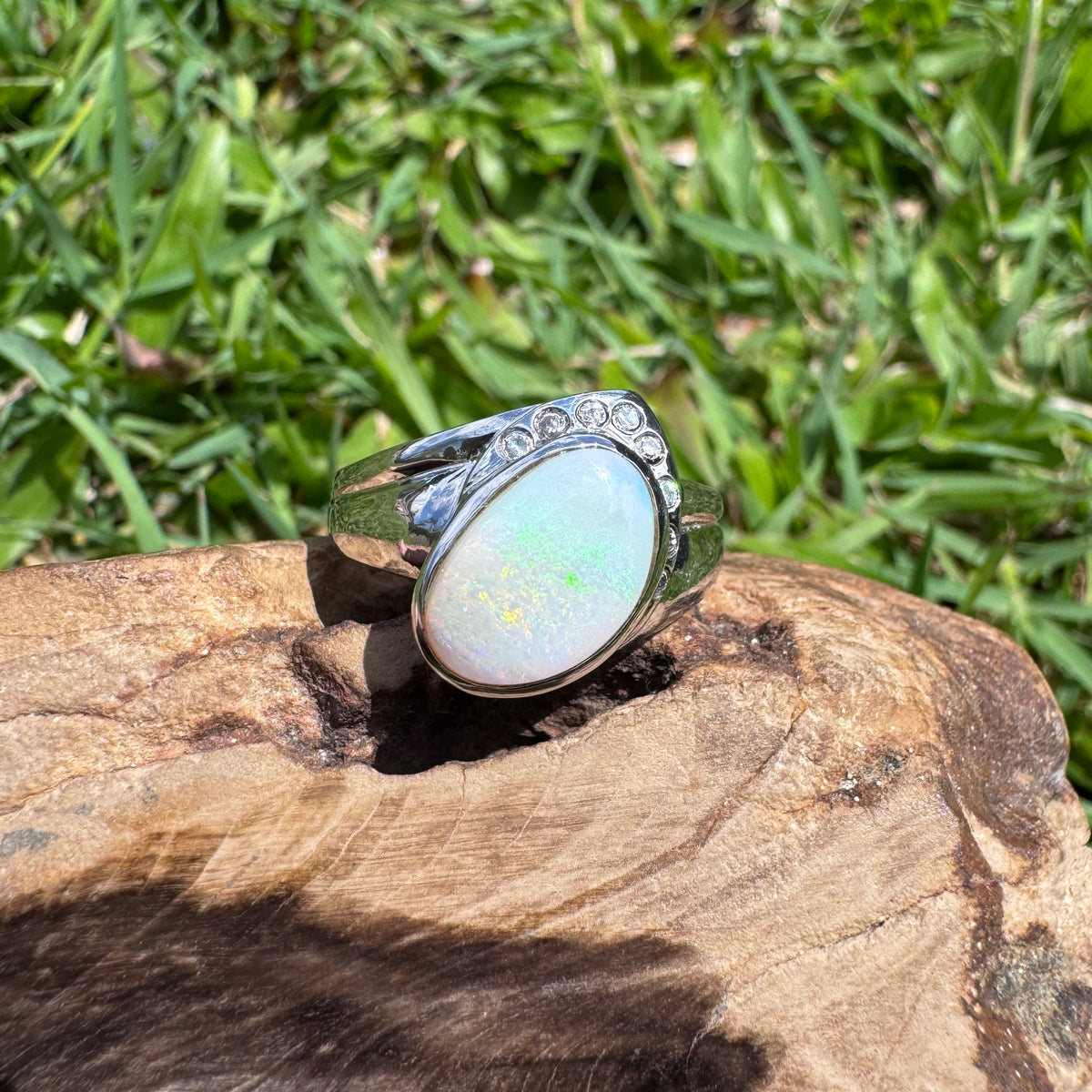 2.5ct Coober Pedy Opal & Cubic Zirconia Ring ~ 'Mount Field Greens' | 925 Sterling Silver | Solid Australian Opal